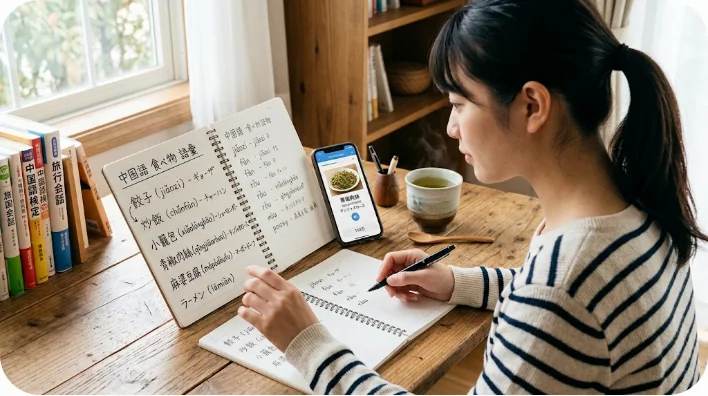 木製の机の上で、単語帳、ピンインが書かれたノート、語学学習アプリを開いたスマートフォンを使って中国語の発音や語彙を勉強している様子