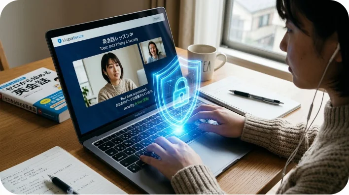 安全なデータ保護を象徴する青く光る盾のアイコンとノートパソコン