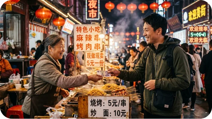 旅行者が夜市の屋台で現地の店員と笑顔で会話しながら現金で支払おうとしている様子
