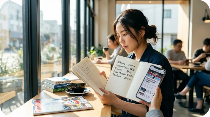 カフェでタブレットやノートを使い、スポーツニュースに関連する中国語の語彙を集中して学習している様子