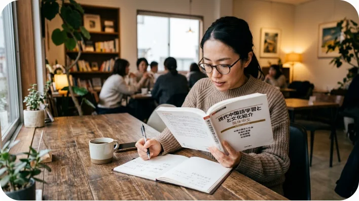 モダンなカフェで中国の文化と語学に関するテキストを読んでいる語学学習者
