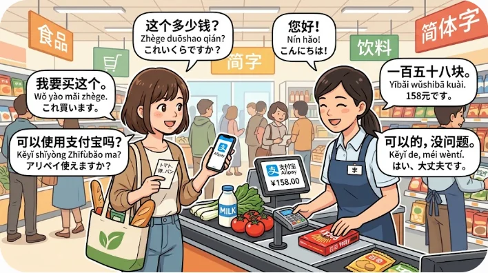 伝統的な中国茶の店舗で、東アジア人の店主が客に乾燥ハーブを見せている様子。温かみのある照明。