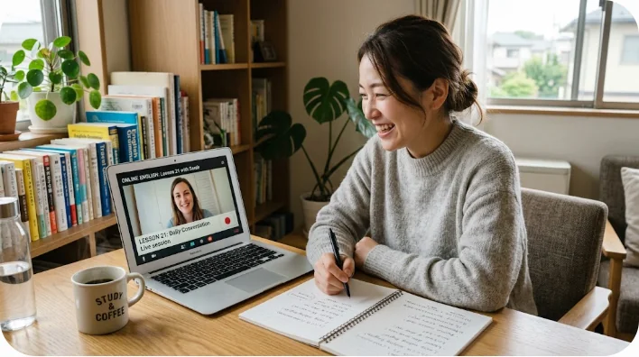 東アジア人の大人が自宅でノートパソコンを使って笑顔でオンライン語学レッスンを受けている
