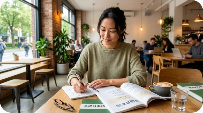 伝統的な中国茶館で中国語を練習する学習者
