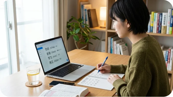 ノートパソコンに向かい、お湯の入ったコップを傍らに置いて中国語を勉強する学習者