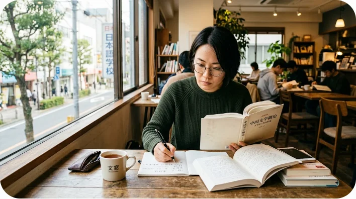 モダンで居心地の良いカフェに座り、真剣に中国文学の教科書を読みノートを取る東アジア人の大人の学生