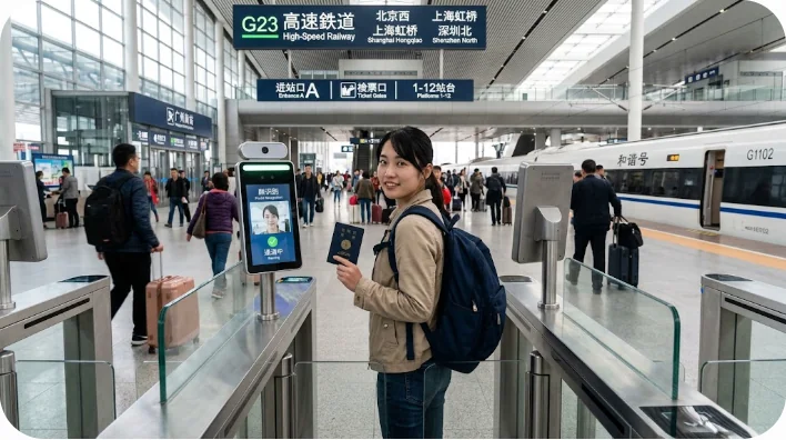 高速鉄道駅の自動化ゲートを通過する旅行者