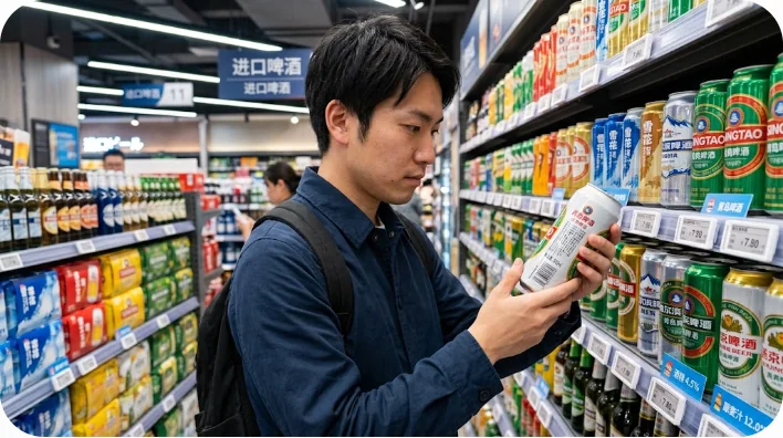 スーパーマーケットで大人の買い物客が中国ビールのラベルを確認している様子