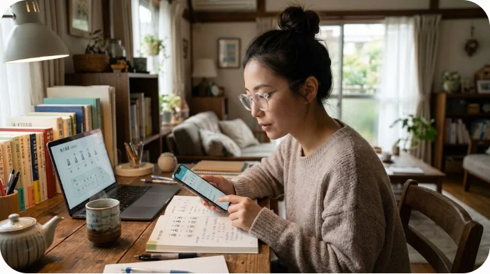 学習者が自宅の机でスマートフォンとテキストを使って中国語の発音練習をしている様子