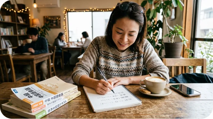 ノートとペンで中国語を学習している様子