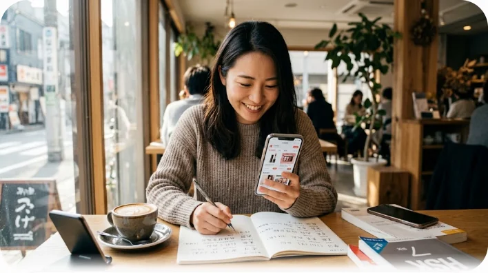 カフェで中国語を勉強している女性