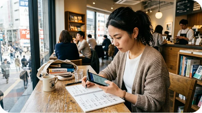 カフェでスマートフォンとノートを使って熱心に中国語を学ぶ学習者
