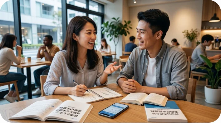 カフェでノートやテキストを広げ、笑顔で言語交換（ランゲージエクスチェンジ）を楽しむ日本人学習者と中国人の友人。