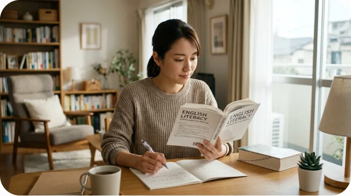 自宅でリラックスしながら中国語を学習する大人の姿