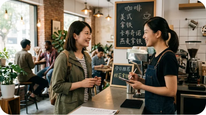 暖かい雰囲気のカフェで中国人の店員に中国語でコーヒーを注文し、通じて笑顔になっている東アジア人の学習者