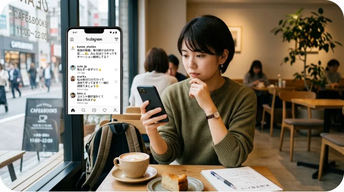 パソコンやスマホでSNSのコメントを見る若者