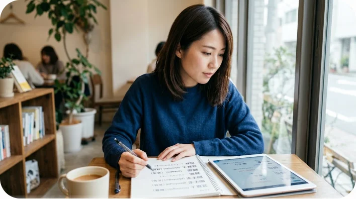 カフェでノートやタブレットを使い、中国語の建築用語やフレーズを学習している日本人