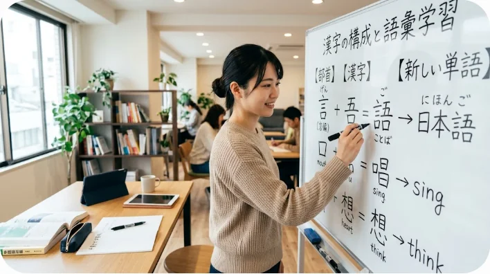 明るくモダンな学習スペースで、大人の東アジア人学習者がホワイトボードに向かって漢字のパーツを組み合わせている。集中しつつも楽しそうな表情。