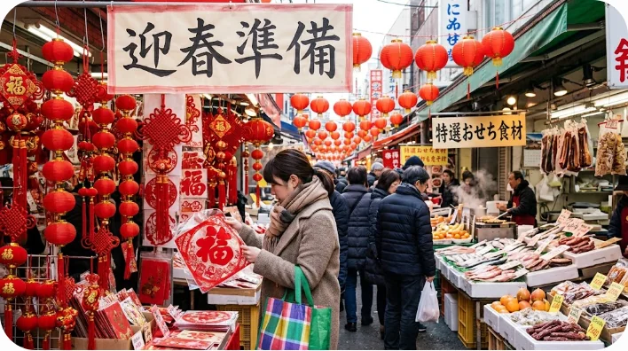 赤い提灯や春節の飾りが売られている活気ある市場の様子