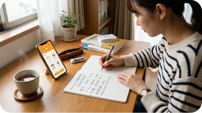 ノートに中国語のピンインや食べ物に関する単語を書き込みながら勉強している日本人の大人学習者の手元