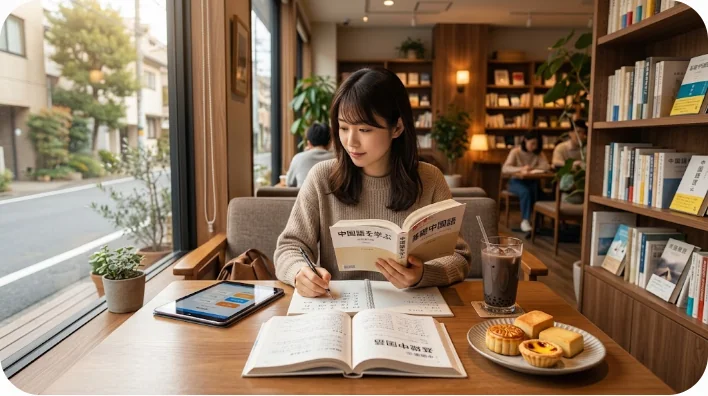 中国の活気ある屋台で朝食を注文する東アジア人の大人の学習者。親切な地元の店主とコミュニケーションをとっており、湯気の立つ竹のせいろと豆乳が見える。