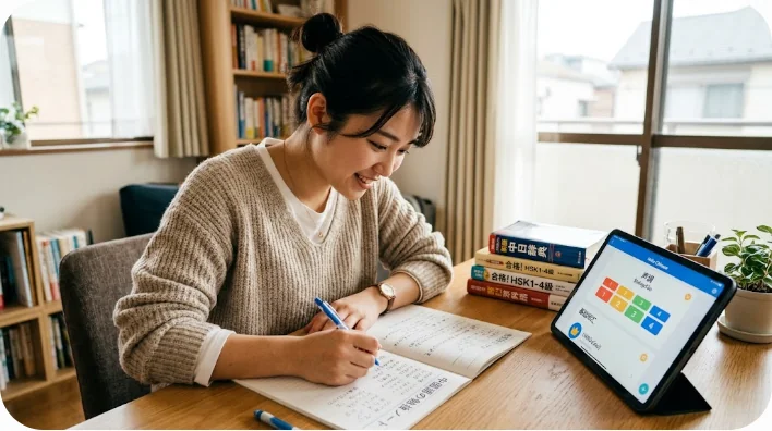 机に向かってノートに書き込みながら、タブレットで中国語を熱心に勉強している東アジアの学生。明るい表情で意欲的に学んでいる。