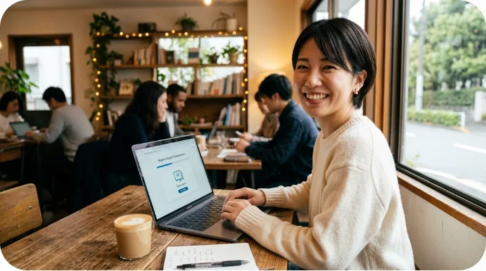 カフェでオンライン学習を進める様子