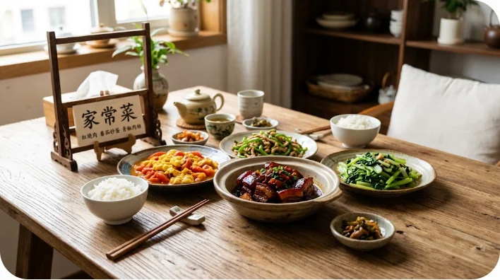 食卓に並べられた紅焼肉やトマトと卵の炒め物などの中国家庭料理
