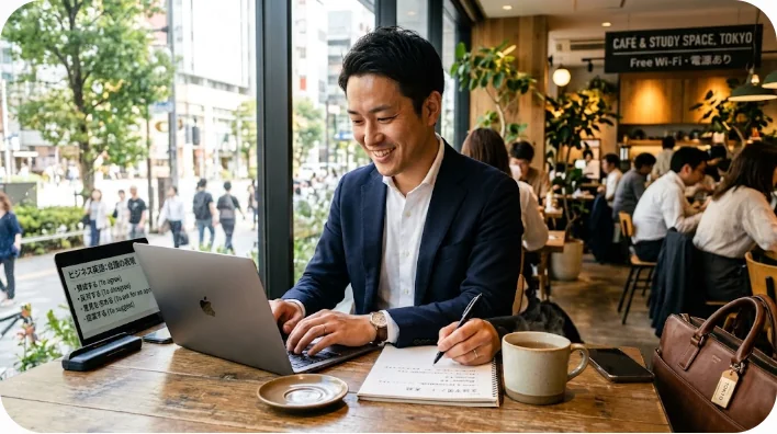 モダンなカフェでノートパソコンを開き、お茶を飲みながら自信に満ちた表情で中国語の学習ノートをとる東アジア人のビジネスパーソン。