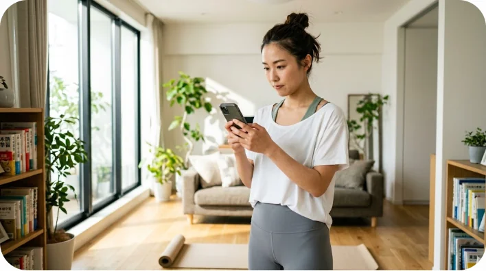スマホでフィットネス動画を見る女性