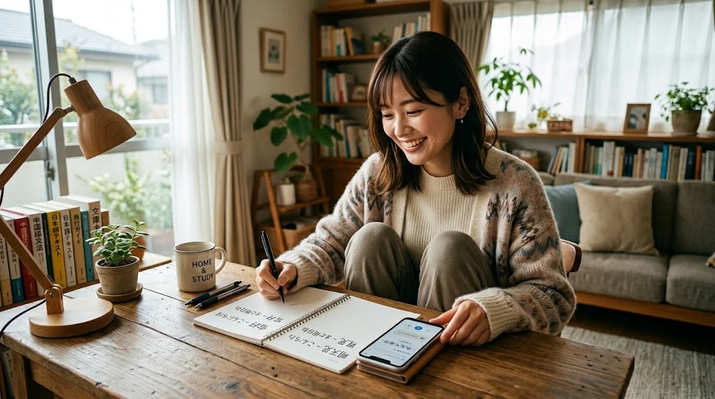 自宅のデスクでスマートフォンを使いながらリラックスして中国語を学習する女性