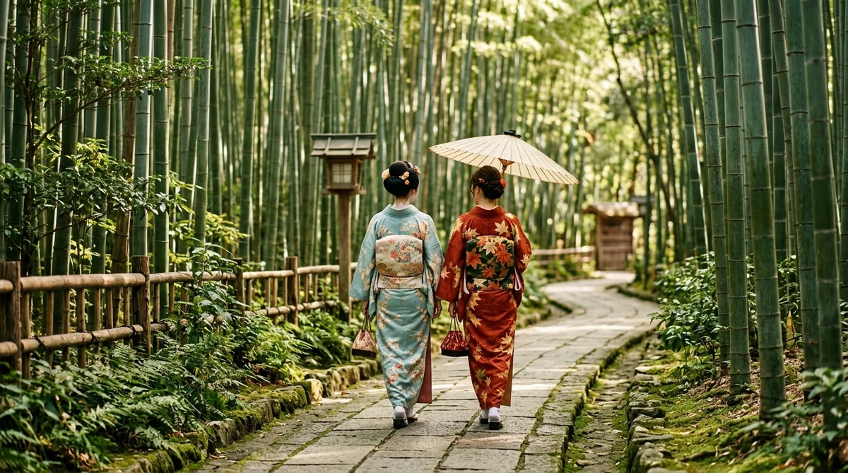 伝統的な着物を着た2人が、竹林の中の石畳の小道を歩いており、そのうち1人は日傘を差している。.