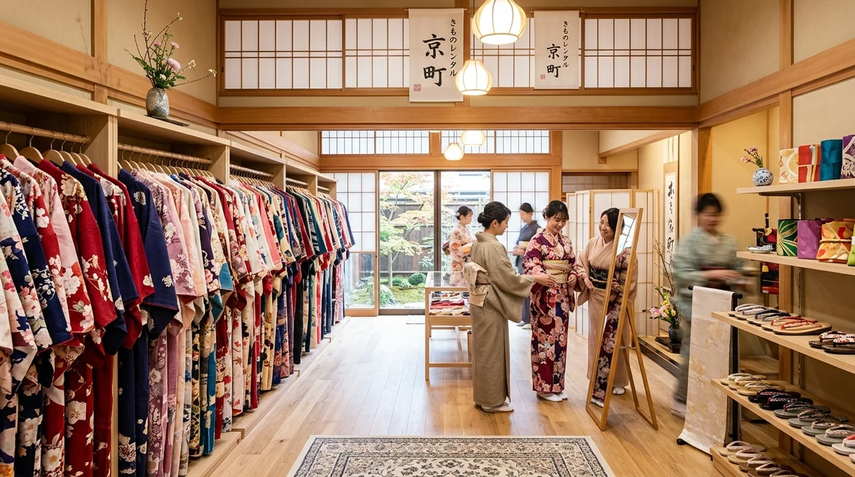 着物レンタル店の店内でスタッフと一緒に色鮮やかな着物を選ぶ様子