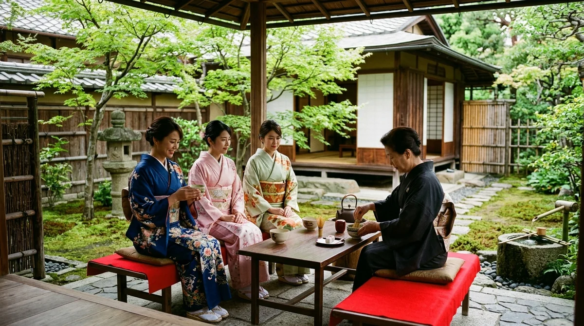 京都の風情ある街並みを美しい着物姿で散策しながらスマートフォンで記念撮影を楽しむ旅行者