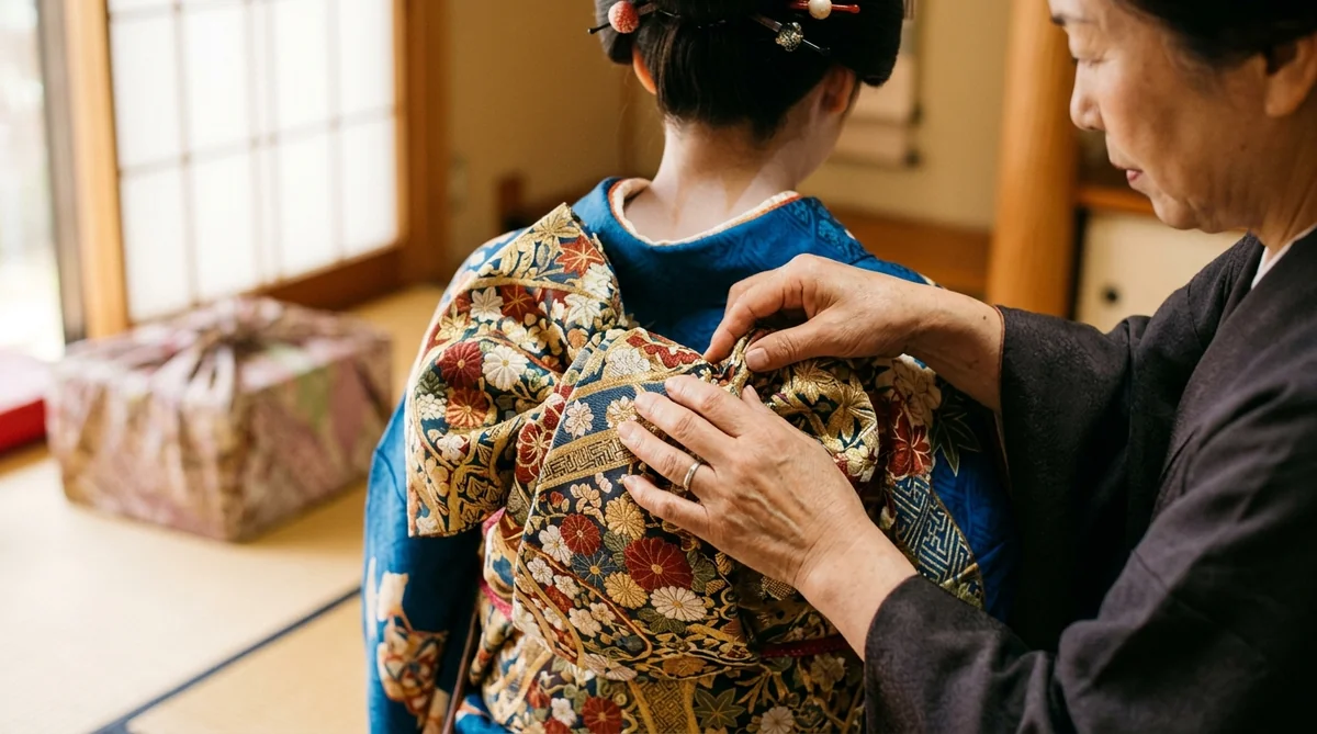 伝統的な着物の帯をプロの着付け師が丁寧に結んでいる美しく洗練された手元クローズアップ