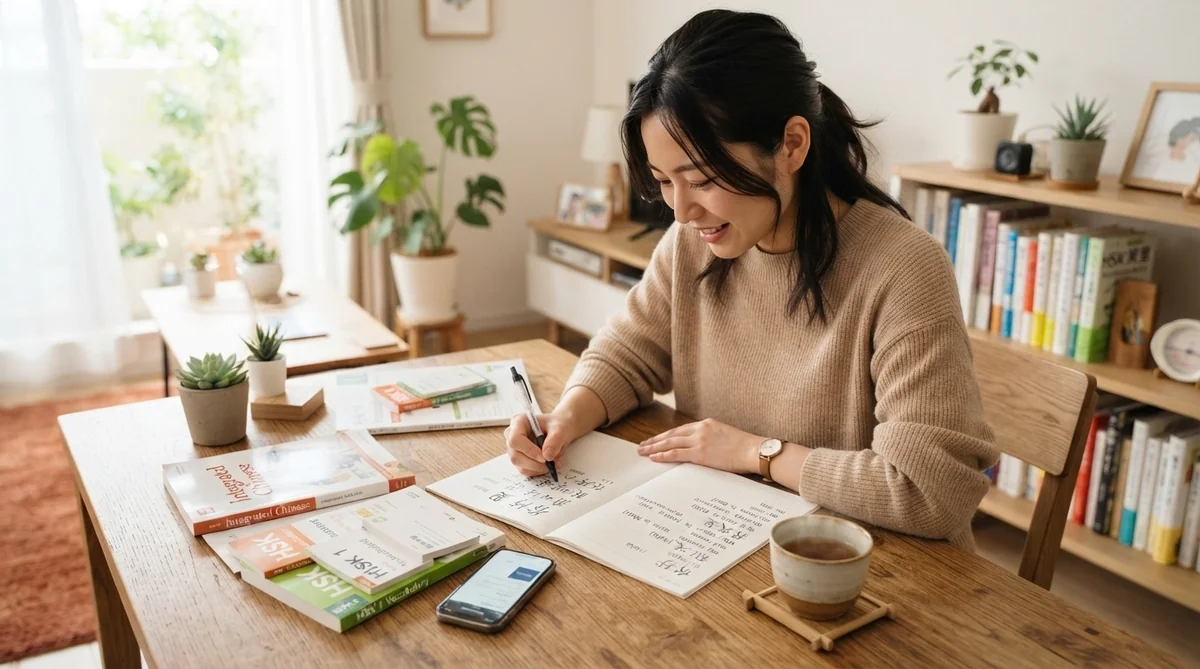 植物や本棚が置かれた、明るく整頓されたリビングルームで、木製のテーブルに座り、本やスマートフォン、コーヒーカップに囲まれながらノートに何かを書いている女性。.