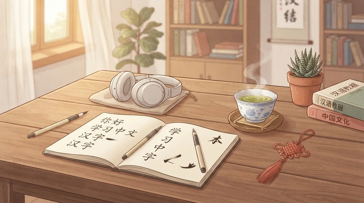 本棚や書道作品が飾られた明るい部屋の中に、漢字が書かれた開かれたノート、ヘッドフォン、お茶、観葉植物、本、そしてチャイニーズノットが置かれた木製の机。.