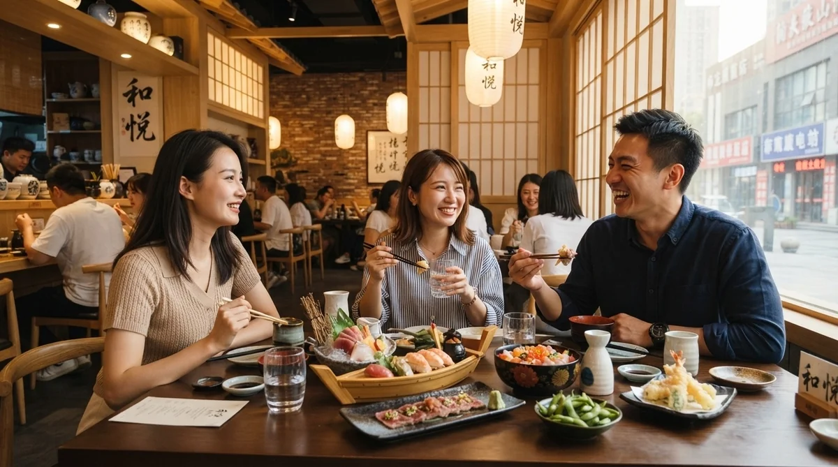 日本料理店で3人が一緒に食事を楽しんでいる様子。テーブルの上には寿司やさまざまな料理が並んでいる。.