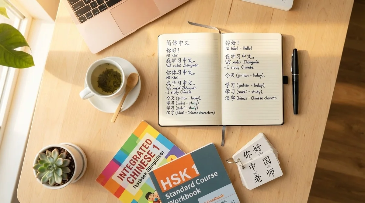ノートパソコン、お茶、中国語のフレーズが書かれたノート、多肉植物、ペン、『Integrated Chinese』と『HSK 1』の教科書、そして漢字のブロックが整然と並べられた机。.