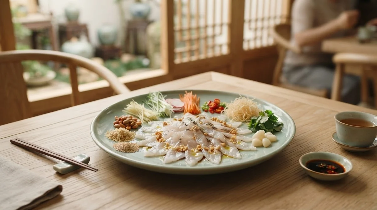 薄くスライスされた生の魚に、さまざまな付け合わせやソースが添えられた一皿が、箸、お茶、つけダレが置かれた木製のテーブルの上に並んでいる。.