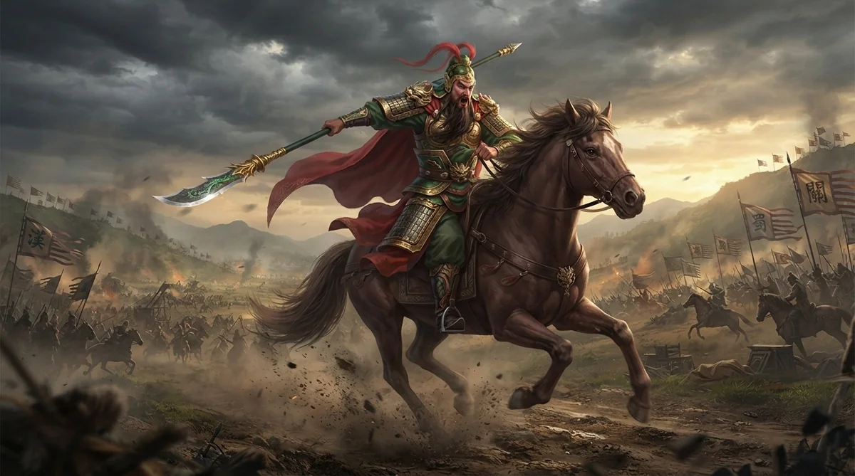 赤い羽飾りを付けた鎧姿の戦士が馬に乗り、兵士や旗が乱れ飛ぶ混沌とした戦場の中、劇的な嵐の空を背景に、長柄武器を振るっている。.