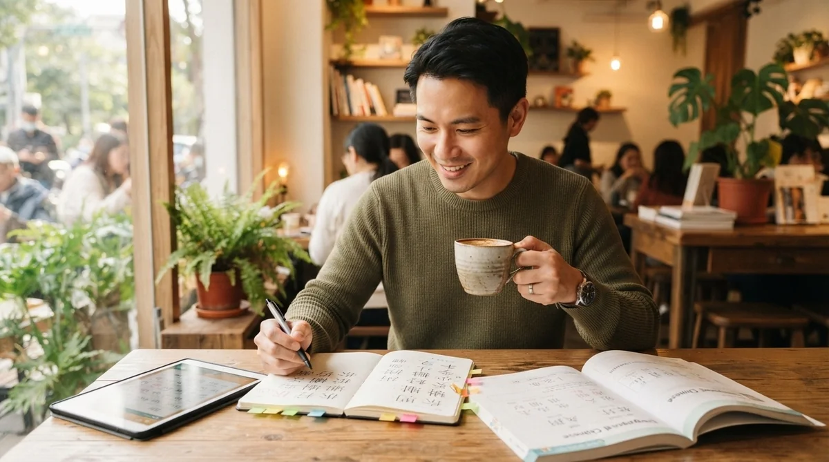 ある男性がカフェの木製のテーブルに座り、マグカップを手に持ち、漢字が書かれたノートに何かを書き込んでいる。テーブルの上には開いた本やタブレットが置かれている。背景には他の人々の姿が見える。.