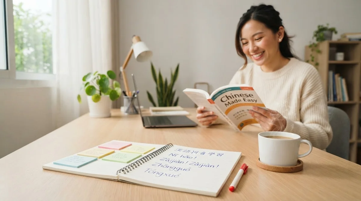 ある女性が机に向かい、「中国語が簡単に学べる」という本を読んでいる。目の前にはノート、ノートパソコン、そしてコーヒーマグが置かれている。.