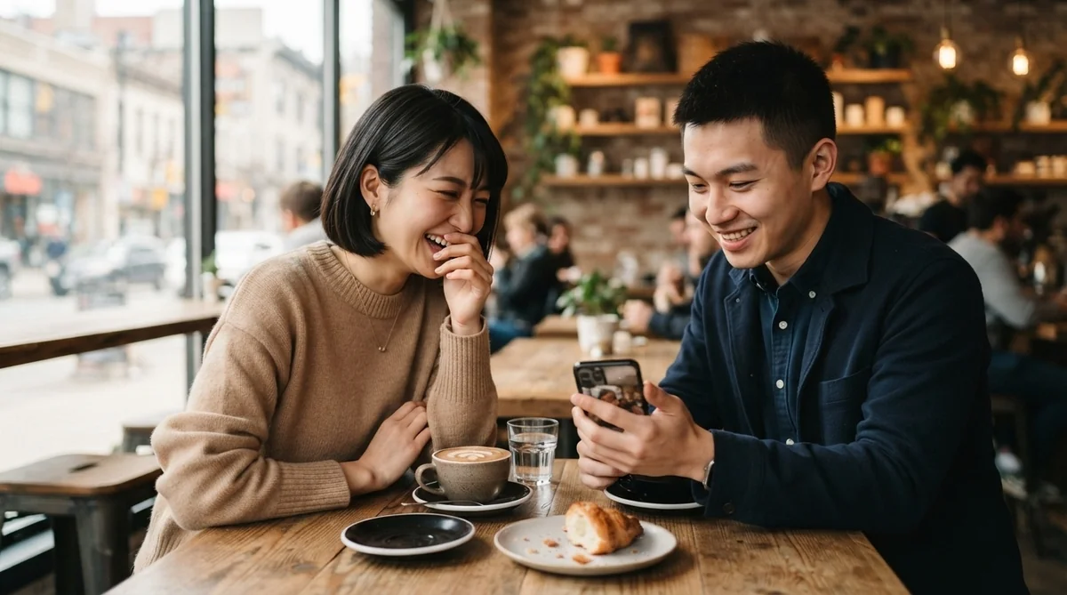 カフェのテーブルに2人が座り、コーヒーとペストリーを前に、二人とも笑顔でスマートフォンを見ている。カフェには大きな窓があり、背景には植物や装飾品が並んだ棚がある。.