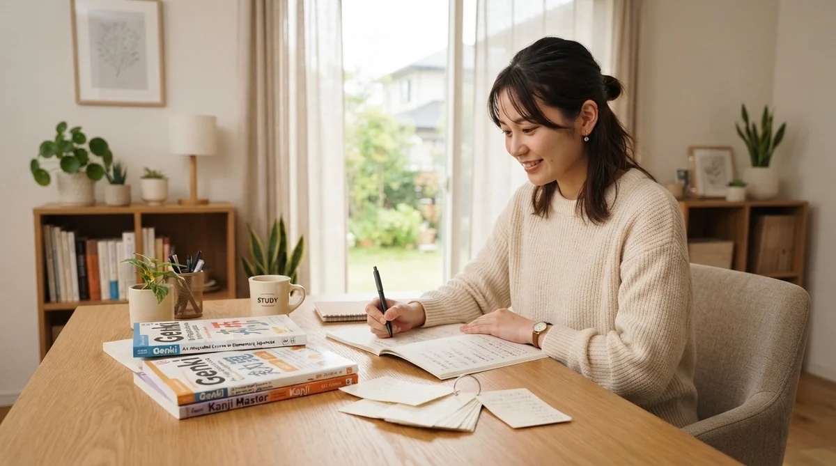 ある女性が木製の机に向かい、勉強をしたりノートに書き込んだりしている。周囲には教科書やメモ、コーヒーマグ、観葉植物が置かれており、窓からは自然光が差し込んでいる。.