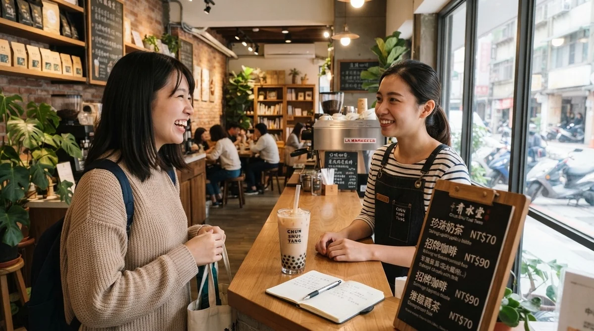 タピオカティー店のカウンターで、客とバリスタが笑顔で会話を交わしている。背景の大きな窓からは、メニューや飲み物、そしてにぎやかな通りが見えている。.