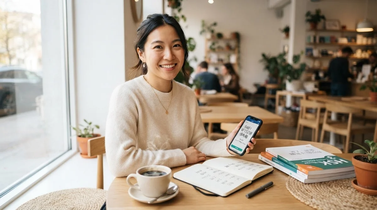 カフェのテーブルに座っている女性。笑顔で携帯電話を手に持ち、目の前には開いたノート、コーヒーカップ、そして参考書が置かれている。.