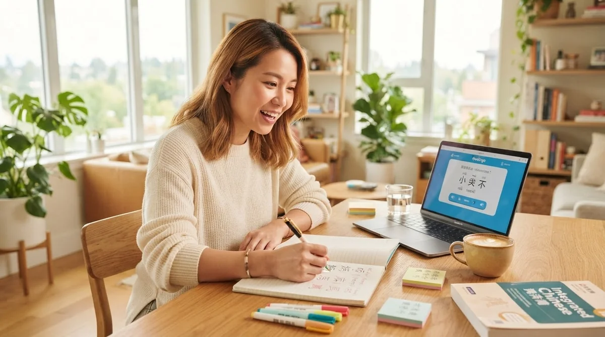 ある女性がテーブルに座り、ノートに何かを書きながら、漢字が表示されたノートパソコンの画面に向かって微笑んでいる。周囲には学習教材や植物が置かれている。.