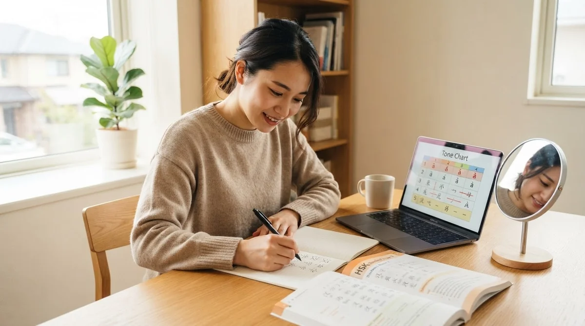 明るい部屋の中で、女性が机に向かい、ノートに何かを書き込んでいます。その横には、学習教材、ノートパソコン、マグカップ、そして小さな鏡が置かれています。.