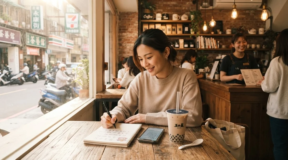 カフェの木製のテーブルに女性が座り、ノートに何かを書きながら微笑んでいる。テーブルの上には飲み物、携帯電話、バッグが置かれている。背景には他の人々や棚が見える。.